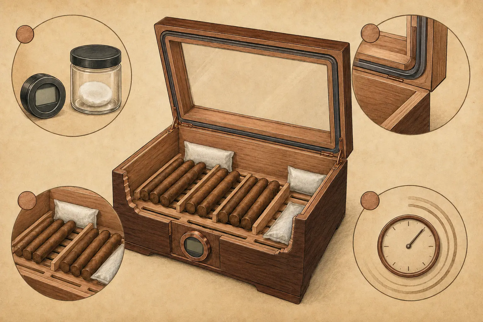 Illustrerad kontroll av hygrometer, locktätning, fuktare och stabiliseringstid i en humidor